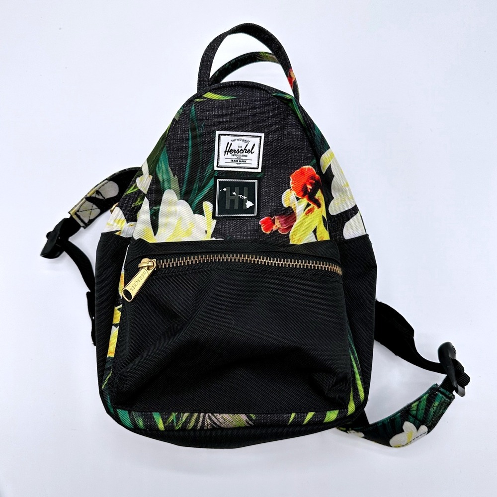 Herschel Supply Co Nova Mini Backpack Black Tropical Floral Orchid Hawaii Patch